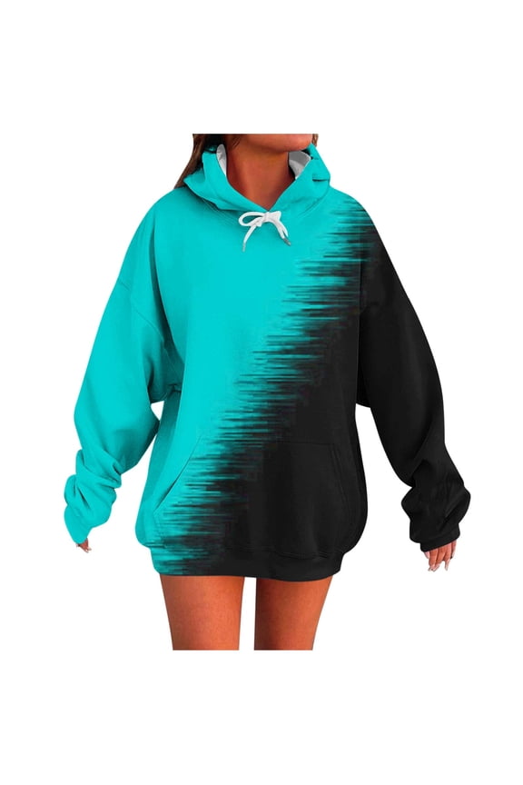 Women's Color Block Hoodies Sweatshirt Oversized Long Sleeve Fashion Casual Pullover Fall Winter Warm Comfy Sweatshirt with Pockets Blue XL