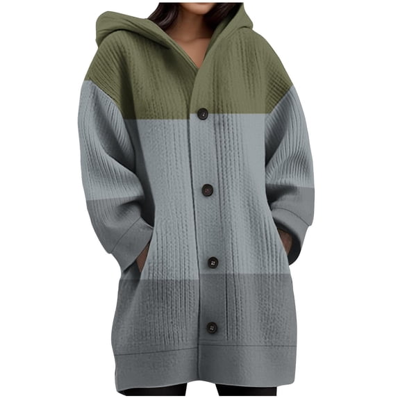 XPMWRP Women's Color Block Oversized Hooded Cardigans Sweatshirt Trendy Button Down Knitted Warm Winter Coats Outerwear with Pockets Green XL