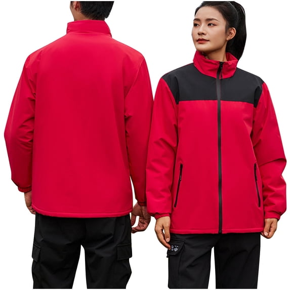 XPMWRP Women's Color Block Rain Jackets Windproof Full Zip Hiking Jackets Winter Warm Oversized Snowboarding Coats with Pockets Red L