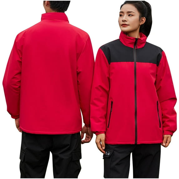 XPMWRP Women's Color Block Rain Jackets Windproof Full Zip Hiking Jackets Winter Warm Oversized Snowboarding Coats with Pockets Red M