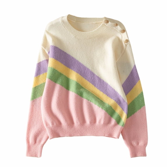 XPMWRP Women's Color Block Stripes Patchwork Pullover Sweater Tops Fall Winter Warm Fuzzy Long Sleeve Shoulder Button Jumper Tops Beige L