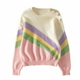 thumbnail image 1 of XPMWRP Women's Color Block Stripes Patchwork Pullover Sweater Tops Fall Winter Warm Fuzzy Long Sleeve Shoulder Button Jumper Tops Beige S, 1 of 9