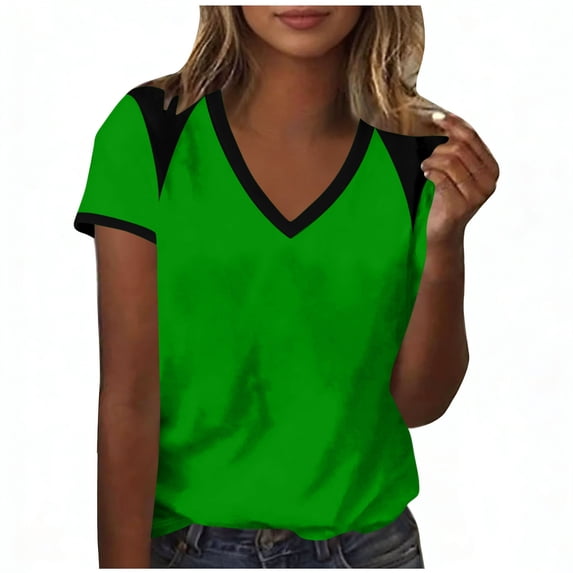 XPMWRP Women's Color Block V Neck Raglan Sleeve T-Shirt Short Sleeve Loose Fit Casual Top Trendy Summer Tee for Daily Wear Green M