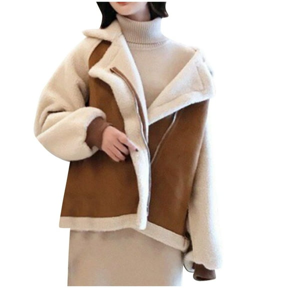 XPMWRP Women's Color Blocked Fleece Lined Jackets Notched Lapel Long Sleeve Trendy Coat Winter Warm Casual Zip Jackets Brown S