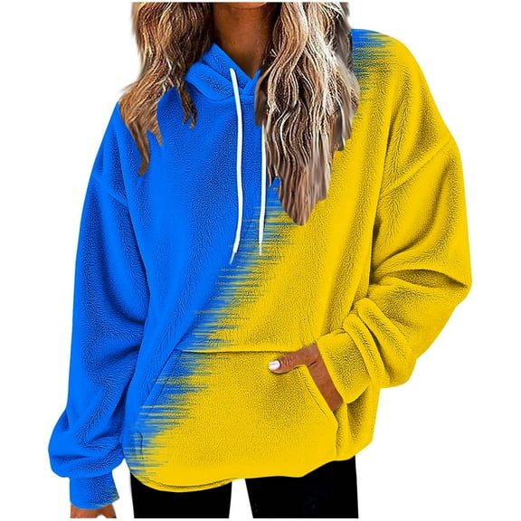 XPMWRP Women's Color Blocking Printed Fleece Hoodies Sweatshirts Trendy Long Sleeve Oversized Pullover Comfy Lounge Fall Winter Outfits with Pocket Blue S