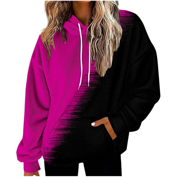 XPMWRP Women's Color Blocking Printed Fleece Hoodies Sweatshirts Trendy Long Sleeve Oversized Pullover Comfy Lounge Fall Winter Outfits with Pocket Pink L