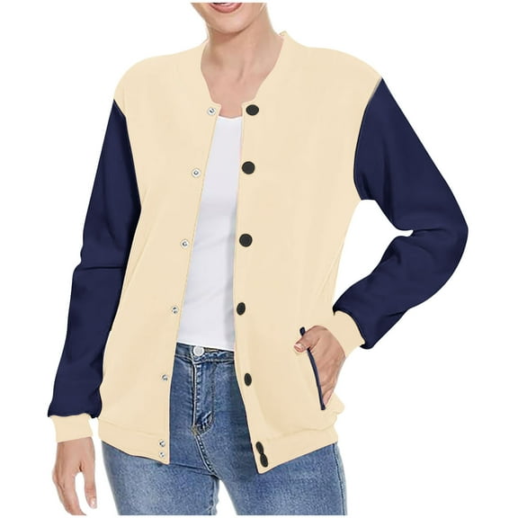 XPMWRP Women's Colorblock Button Jacket Loose Casual Long Sleeve Coat Outerwear Lightweight Fall Winter Trendy Jacket with Pockets Beige XL