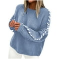 thumbnail image 1 of XPMWRP Women's Contrast Binding Fashion Crewneck Loose Fit Sweaters Long Sleeve Knit Pullover Sweater Jumper Tops Blue M, 1 of 9