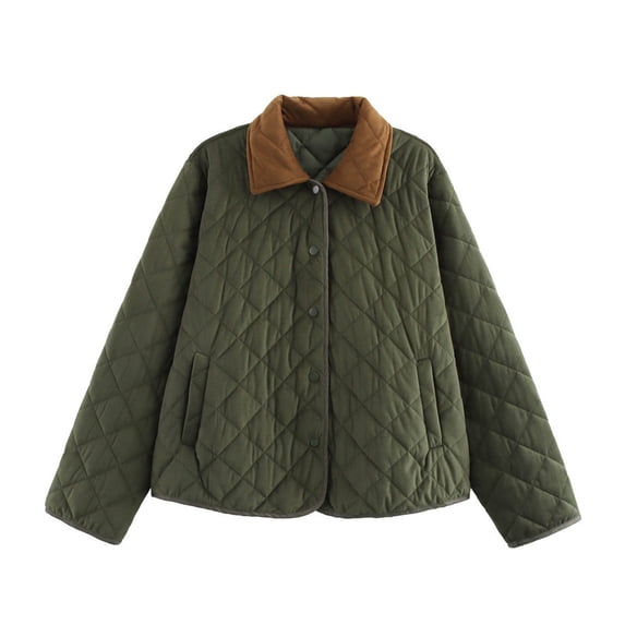 XPMWRP Women's Contrast Color Jackets Lightweight Lapel Long Sleeve Fleece Coat Quilted Flight Coat Warm Winter Outerwear Clothing Army Green L