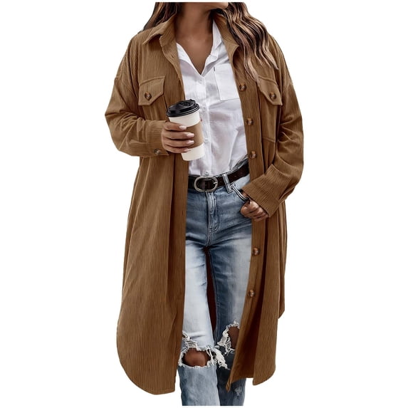 XPMWRP Women's Corduroy Button Down Trench Coats Long Sleeve Lapel Solid Color Plus Size Jacket Winter Soft Warm Trendy Coats Brown XL