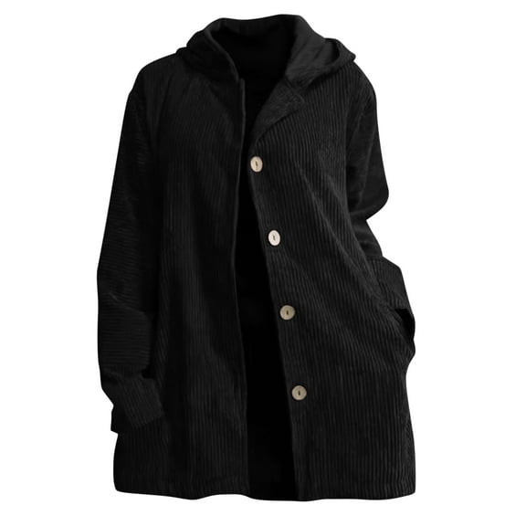 XPMWRP Women's Corduroy Hoodie Button Down Jacket Long Sleeve Solid Color Casual Coats Fall Winter Loose Clothes with Pocket Black L