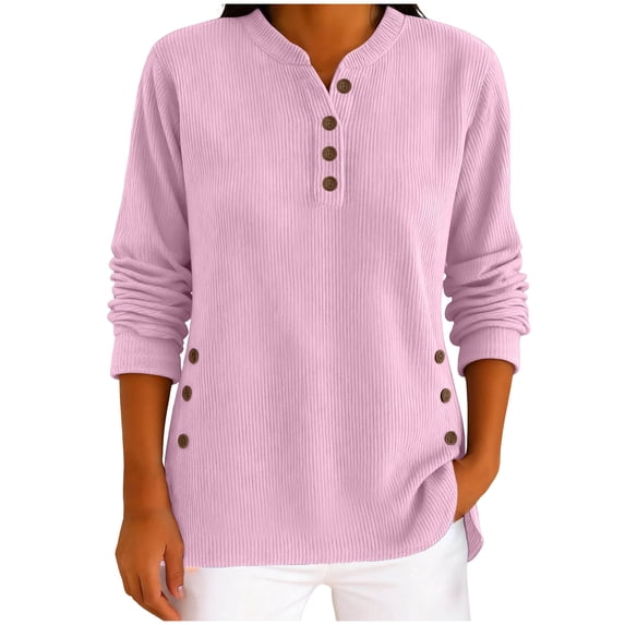 XPMWRP Women's Corduroy Long Sleeve Shirts Casual Button Down V Neck Henley Tops Fashion Ribbed Knit Loose Pullover Sweaters Pink XL
