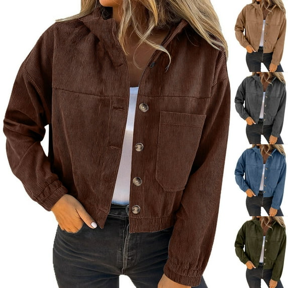 XPMWRP Women's Corduroy Loose Jacket Cropped Long Sleeve Button Down Solid Color Jackets Fall Fashionable Shacket Khaki XXXL