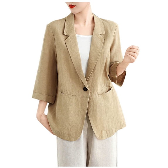 XPMWRP Women's Cotton Linen Blazer 3/4 Sleeve Lightweight Business Casual Shirts Solid Color Jackets Dressy Button Collared Tops Yellow M