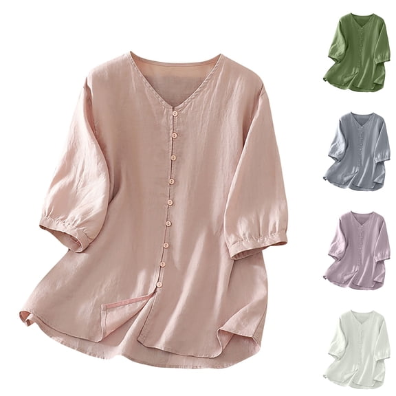 XPMWRP Women's Cotton Linen Button Down Short Sleeve Shirts Summer Loose V Neck Casual Oversized Solid Blouses Pink XL