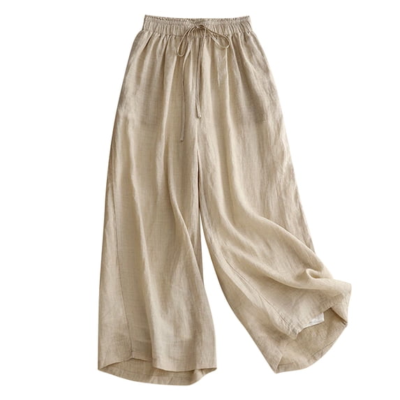 XPMWRP Women's Cotton Linen Cropped Wide Leg Pants Elastic Waist Casual Palazzo Solid Trousers with Pockets Beige L