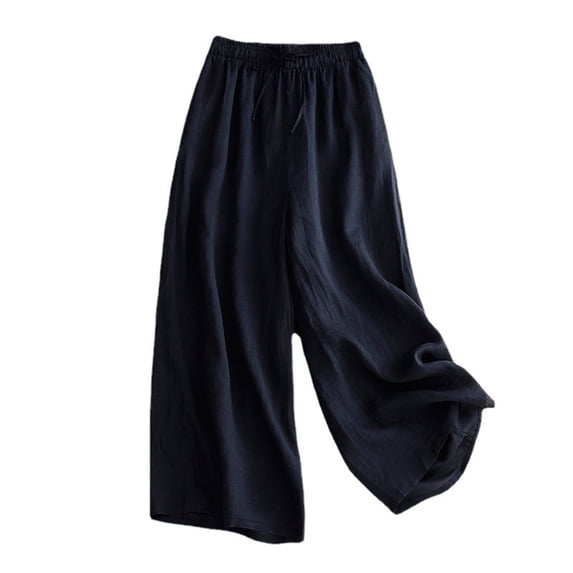 XPMWRP Women's Cotton Linen Cropped Wide Leg Pants Elastic Waist Casual Palazzo Solid Trousers with Pockets Dark Blue XL