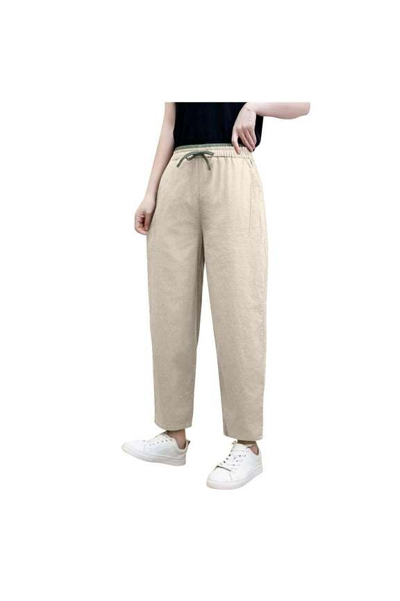 Women's Cotton Linen Elastic Waist Harem Pants Loose Fit Cropped Tapered Trousers with Pockets for Casual Daily Wear Beige XXL