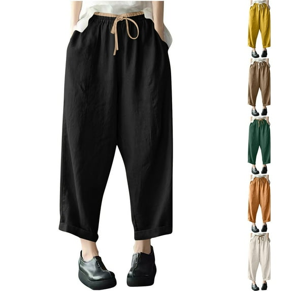 XPMWRP Women's Cotton Linen Wide Leg Palazzo Lounge Cropped Pants Lightweight Drawstring Waist Harem Capri Pants with Pockets Yellow L