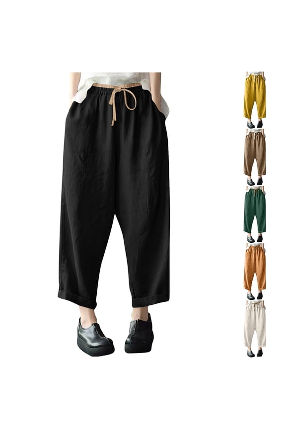Women's Cotton Linen Wide Leg Palazzo Lounge Cropped Pants Lightweight Drawstring Waist Harem Capri Pants with Pockets Yellow M