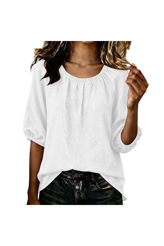 Women's Crew Neck Gathered Elastic Bubble Short Sleeve Linen Blend Blouse Soft Loose Fit Casual Summer Top Hides Belly for Daily Vacation Wear White M