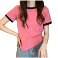 thumbnail image 1 of XPMWRP Women's Crew Neck Short Sleeve Shirt Summer Solid Color Basic Tee Tight Fit Jersey T Shirt Going Out Tops Pink L, 1 of 5