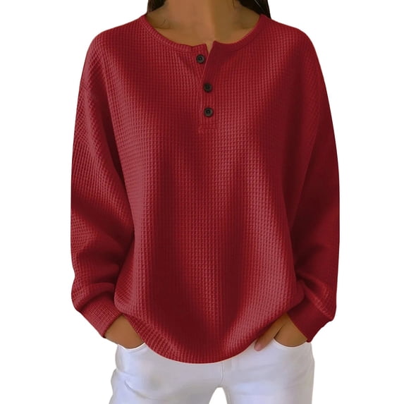 XPMWRP Women's Crew Neck Waffle Textured Pullover Tops Button Up Long Sleeve Henley Shirts Dressy Casual Fashion Blouses Red XXXL
