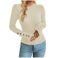 thumbnail image 1 of XPMWRP Women's Crewneck Ribbed Knit Slim Fitted Ornamental Button Shirts Long Sleeve Fall Sweater Solid Color Pullover Clothes Beige S, 1 of 3