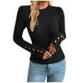 thumbnail image 1 of XPMWRP Women's Crewneck Ribbed Knit Slim Fitted Ornamental Button Shirts Long Sleeve Fall Sweater Solid Color Pullover Clothes Black L, 1 of 4