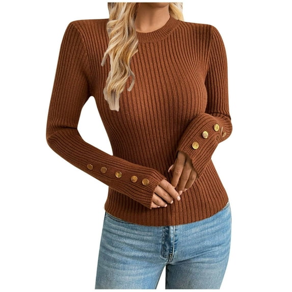 XPMWRP Women's Crewneck Ribbed Knit Slim Fitted Ornamental Button Shirts Long Sleeve Fall Sweater Solid Color Pullover Clothes Brown L