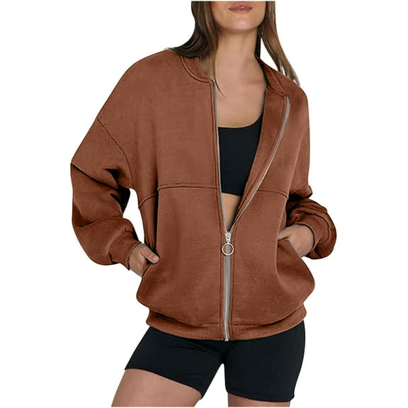 XPMWRP Women's Crewneck Zip Up Sweatshirts Long Sleeve Oversized Solid Color Casual Coat Pocket Trendy Outfits Jackets Brown S