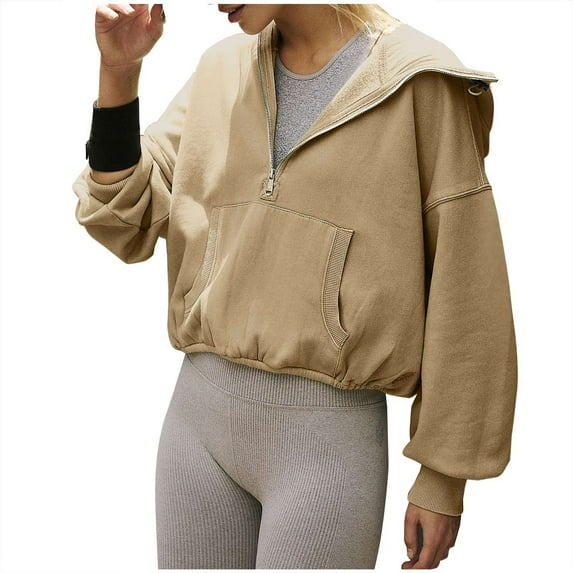 XPMWRP Women's Crop Half Zip Hoodie Sweatshirts Solid Color Long Sleeve Casual Pullover Fall Winter Warm Fashion Sweatshirts with Pockets Yellow XL