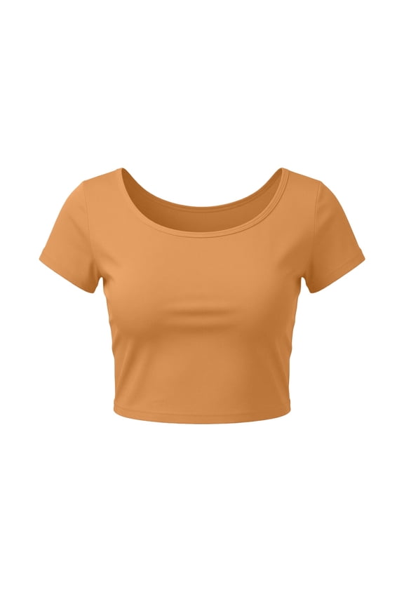 Women's Crop T-Shirts Solid Color Casual Short Sleeve Spring Fashion Tee Tops Gold Free Size