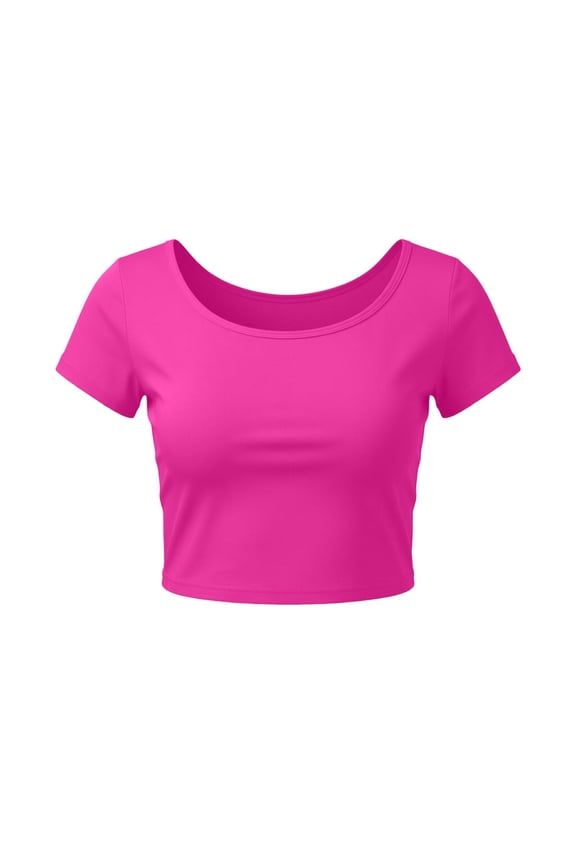 Women's Crop T-Shirts Solid Color Casual Short Sleeve Spring Fashion Tee Tops Hot Pink Free Size