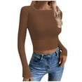 thumbnail image 1 of XPMWRP Women's Crop Tops Crewneck Ribbed Knit Slim Fitted Shirts Long Sleeve Fall Sweater Solid Color Pullover Clothes Brown S, 1 of 4