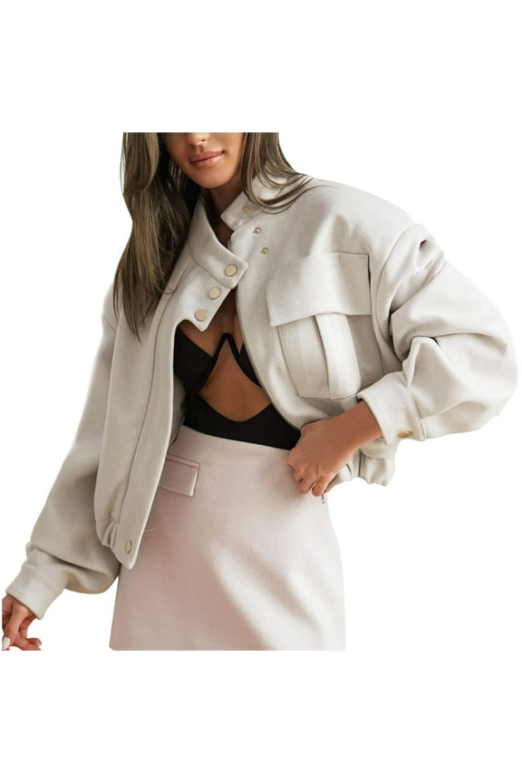Women's Cropped Bomber Jacket Long Sleeve Solid Color Button Down Shacket Jackets Fall Winter Fashion Zip Up Coats with Pockets White M