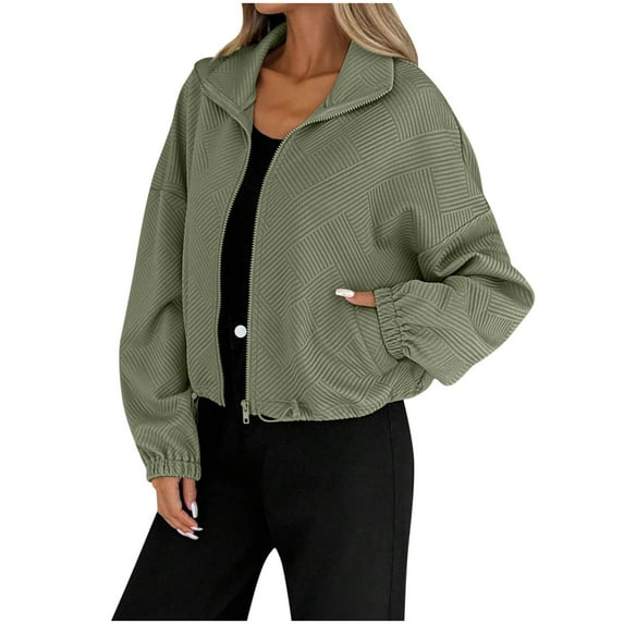 XPMWRP Women's Cropped Bomber Zip Up Jacket Long Sleeve Solid Color Fashion Lapel Coats Casual Oversized Winter Loose Fit Clothes with Pockets Green M