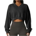 thumbnail image 1 of XPMWRP Women's Cropped Fleece Solid Color Sweatshirts Long Sleeve Trendy Loose V Neck Pullover Fall Winter Fashion Outfits Clothes Black S, 1 of 8