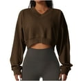 thumbnail image 1 of XPMWRP Women's Cropped Fleece Solid Color Sweatshirts Long Sleeve Trendy Loose V Neck Pullover Fall Winter Fashion Outfits Clothes Brown L, 1 of 8