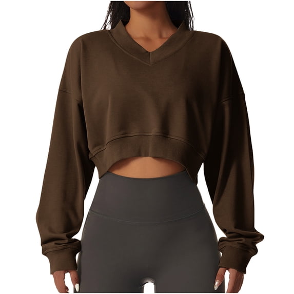 XPMWRP Women's Cropped Fleece Solid Color Sweatshirts Long Sleeve Trendy Loose V Neck Pullover Fall Winter Fashion Outfits Clothes Brown L