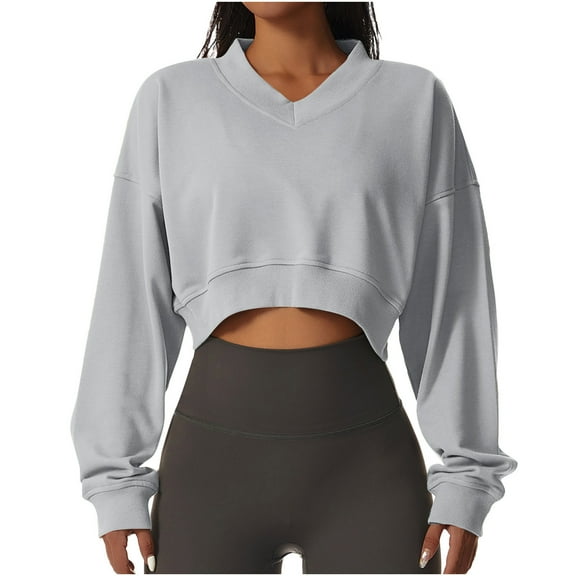 XPMWRP Women's Cropped Fleece Solid Color Sweatshirts Long Sleeve Trendy Loose V Neck Pullover Fall Winter Fashion Outfits Clothes Gray S