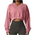 thumbnail image 1 of XPMWRP Women's Cropped Fleece Solid Color Sweatshirts Long Sleeve Trendy Loose V Neck Pullover Fall Winter Fashion Outfits Clothes Pink XL, 1 of 8