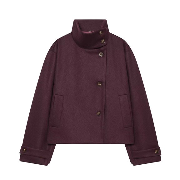XPMWRP Women's Cropped Stand Collar Wool Blend Coat Asymmetric Button Casual Fall Short Outer Jacket Red S
