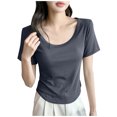 thumbnail image 1 of XPMWRP Women's Curved Hem Scoop Neck T-Shirt Short Sleeve Slim Fit Casual Solid Color Basic Blouse Dark Gray XXL, 1 of 4