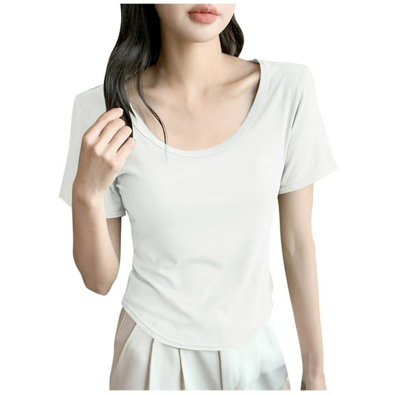 XPMWRP Women's Curved Hem Scoop Neck T-Shirt Short Sleeve Slim Fit Casual Solid Color Basic Blouse White XL