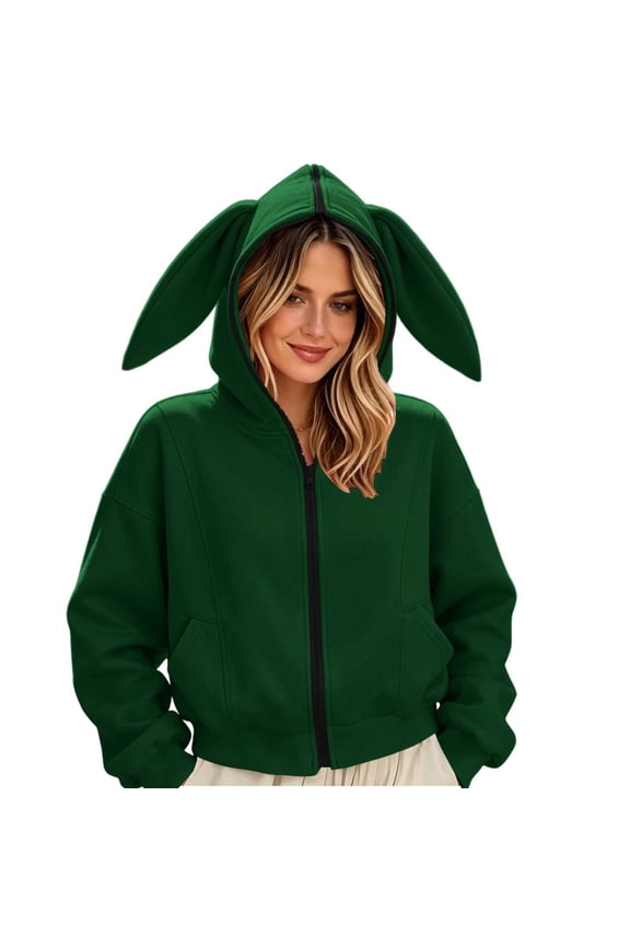 Women's Cute Bunny Ear Oversized Zip Up Hoodie Jacket, Loose Casual Fleece Sweatshirt with 3D Rabbit Ear Hood Green S