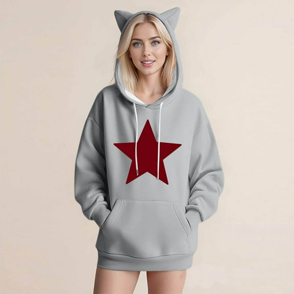 XPMWRP Women's Cute Hoodies Fashion Star Print Sweatshirts Oversized Cat Ear Long Sleeves Sweatshirts Fall Pullover Tops With Pockets Gray L