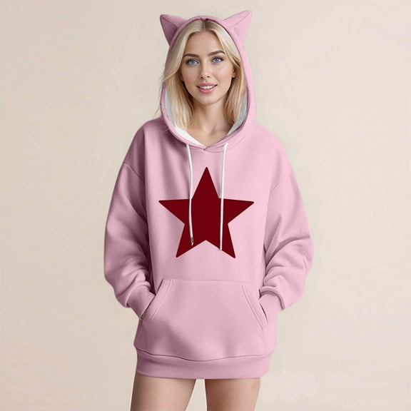 XPMWRP Women's Cute Hoodies Fashion Star Print Sweatshirts Oversized Cat Ear Long Sleeves Sweatshirts Fall Pullover Tops With Pockets Pink L