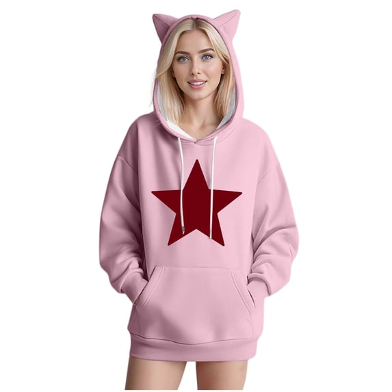 XPMWRP Women's Cute Hoodies Fashion Star Print Sweatshirts Oversized Cat Ear Long Sleeves Sweatshirts Fall Pullover Tops With Pockets Pink M