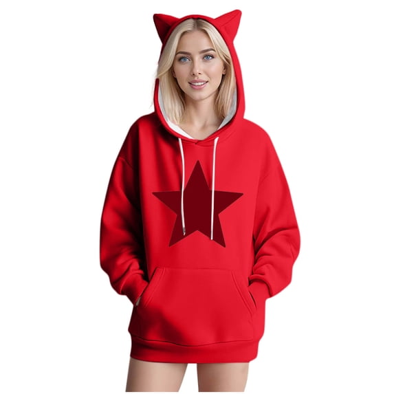 XPMWRP Women's Cute Hoodies Fashion Star Print Sweatshirts Oversized Cat Ear Long Sleeves Sweatshirts Fall Pullover Tops With Pockets Red M
